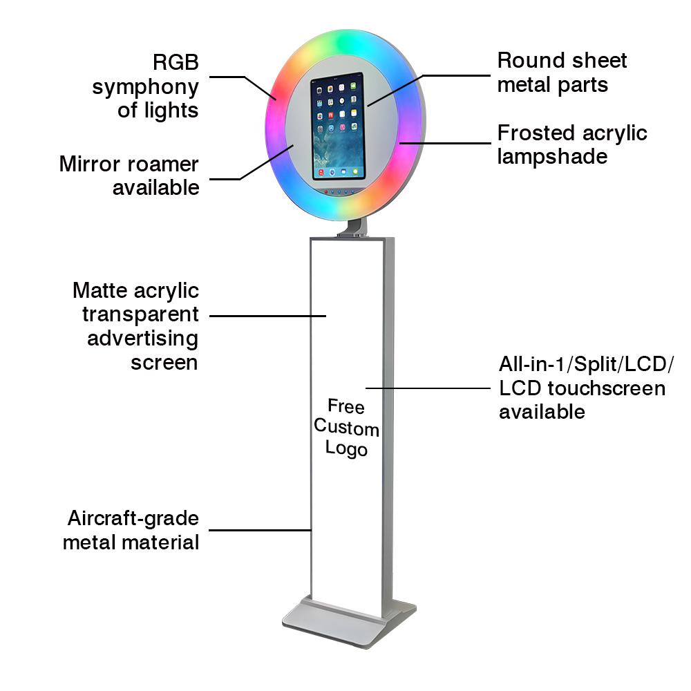 Split Selfie ipad Photo Booth with Rgb Ring Light  Lcd ipad Photo Booth Video Kiosk Spot Screen Roamer ipad Photo Booth