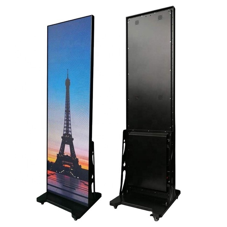 Indoor Outdoor Led Display Screen Wifi 4G Ultra Thin Led Screen Wheel Portable Commercial Flooring Standing Poster Led Display