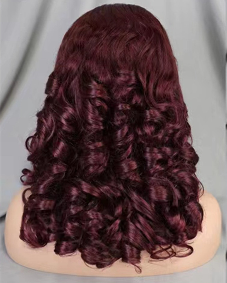 Burgundy 99J Bouncy Spring Curl Transparent 13x4 lace frontal wig 220% density Beautiful Virgin Hair Wig Hot Sale New