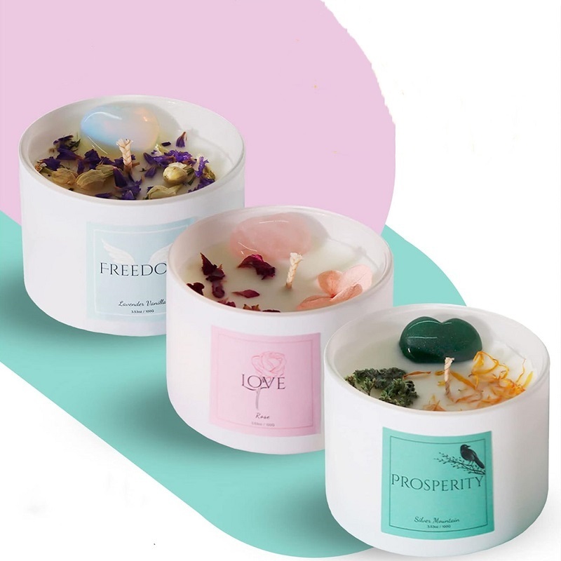 Personalized 6 oz Soy Wax Flower Gemstone Candle Set Fragrance Connection Manifestation Scented Candles with Healing Crystals