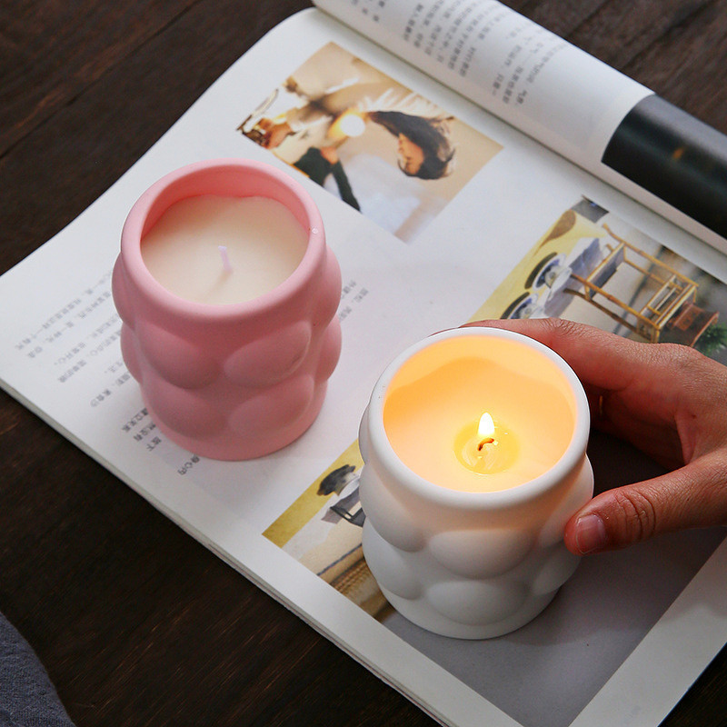 Custom Home Decorative Luxury Pink Rose Fragrance Unique Design Bubble Matt Ceramic Jar Soy Wax Aroma Scented Votive Candles