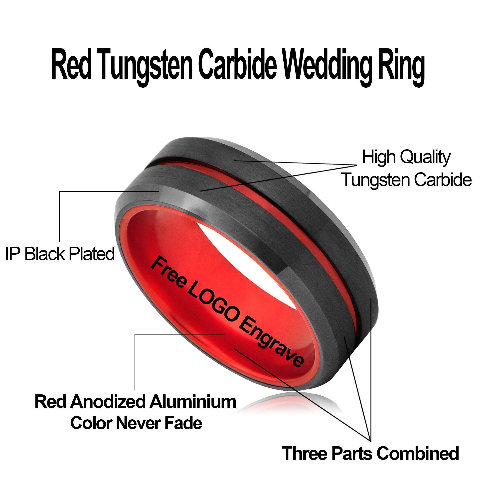 Center Groove Red Aluminium Black Tungsten Carbide Wedding Rings for Men Women