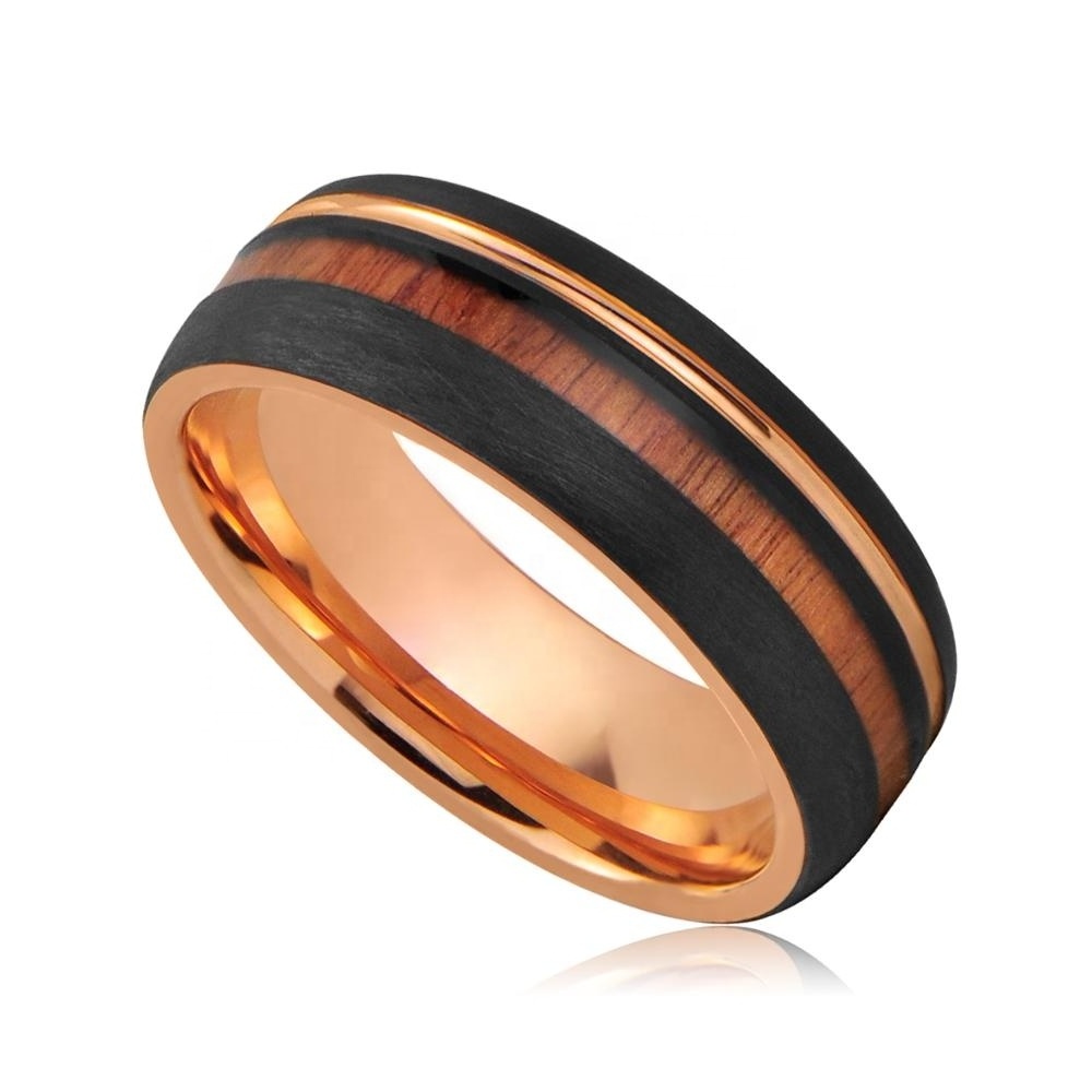 Fashion Ring Jewelry Hawaiian KOA Wood Resin Black Tungsten Ring Rose Gold Wedding Ring