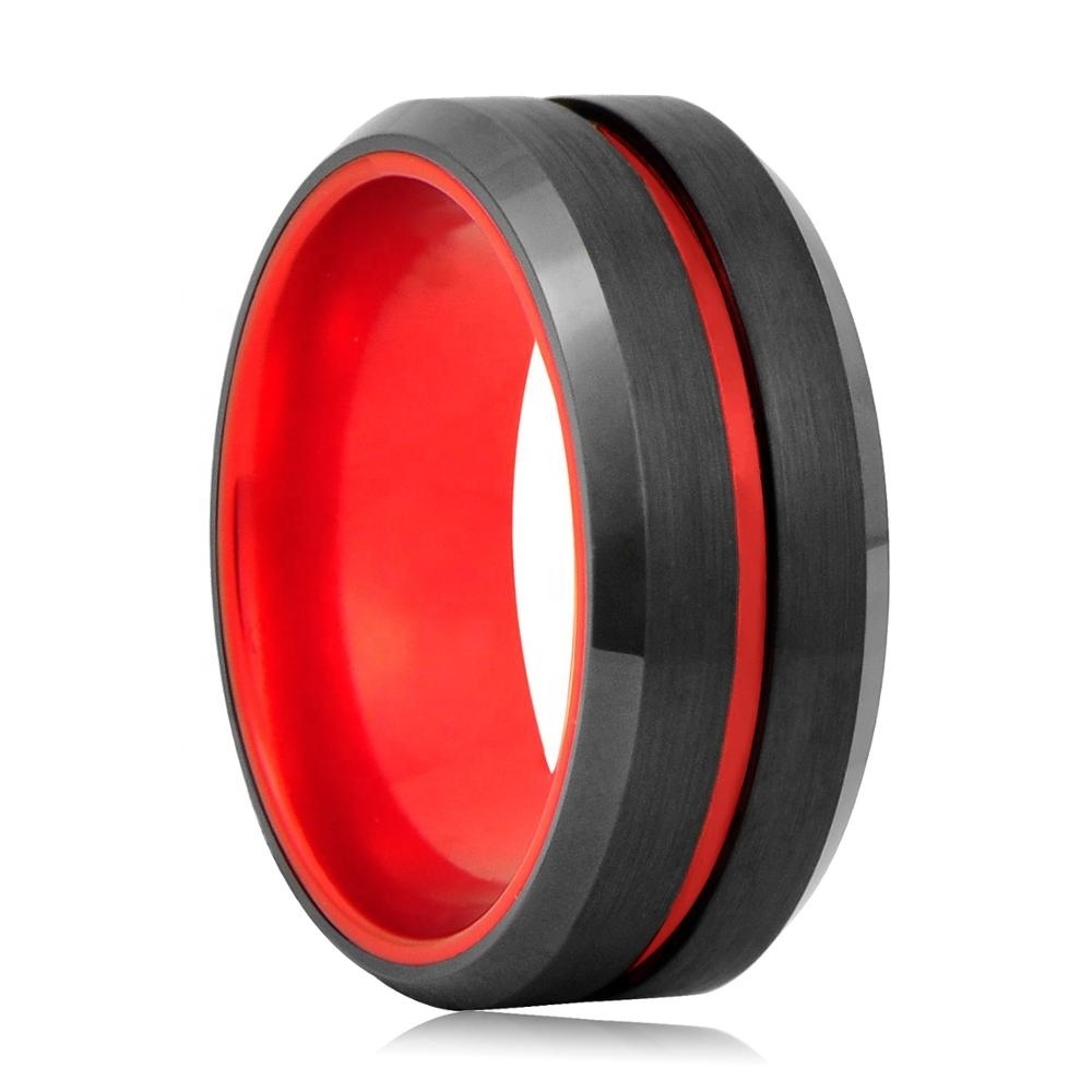 Center Groove Red Aluminium Black Tungsten Carbide Wedding Rings for Men Women