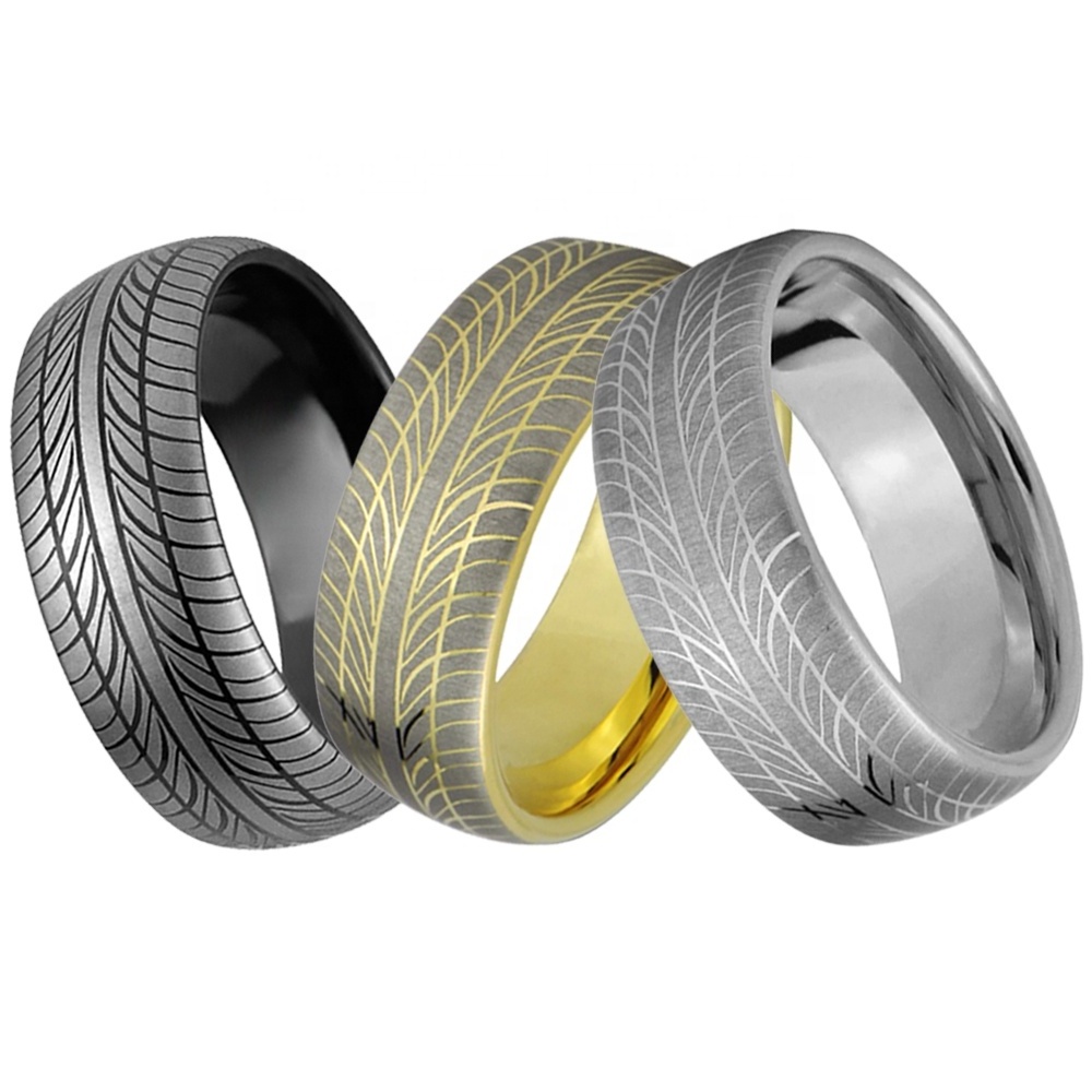 Tire tread black tungsten carbide rings for men