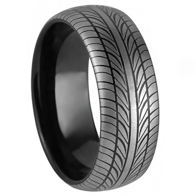 Tire tread black tungsten carbide rings for men