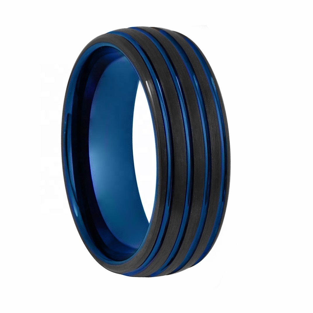 Trendy men's black blue tungsten ring