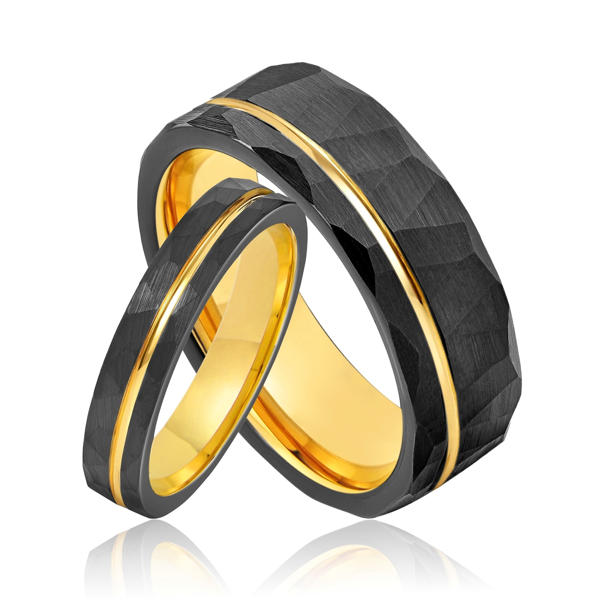 Hammered Black Tungsten Ring Rose Gold Strip Wedding Band