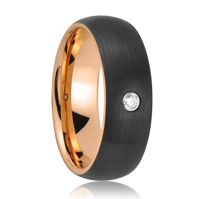 Black Brushed Domed Rose Gold AAA CZ STONE DIAMOND Tungsten Engagement Wedding Rings