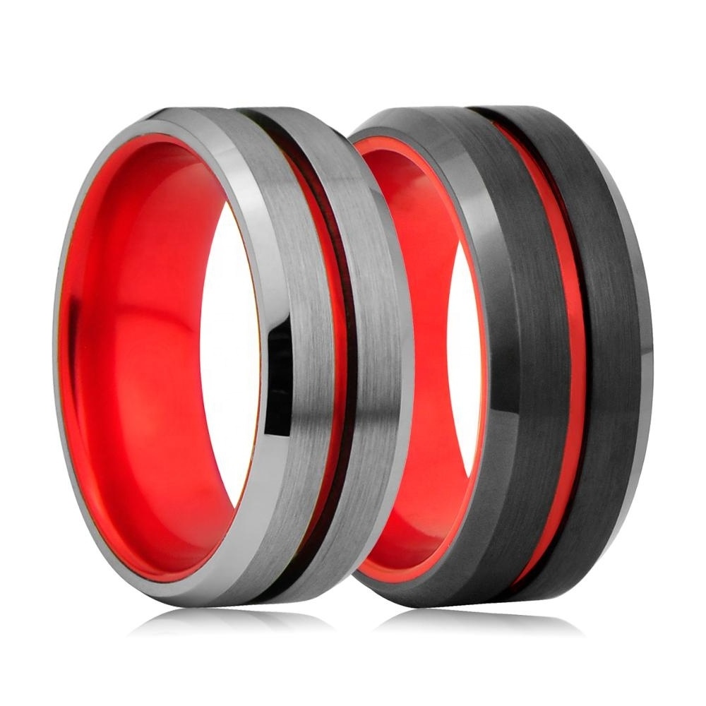 Center Groove Red Aluminium Black Tungsten Carbide Wedding Rings for Men Women