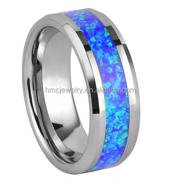 Real blue opal inlay tungsten jewelry ring