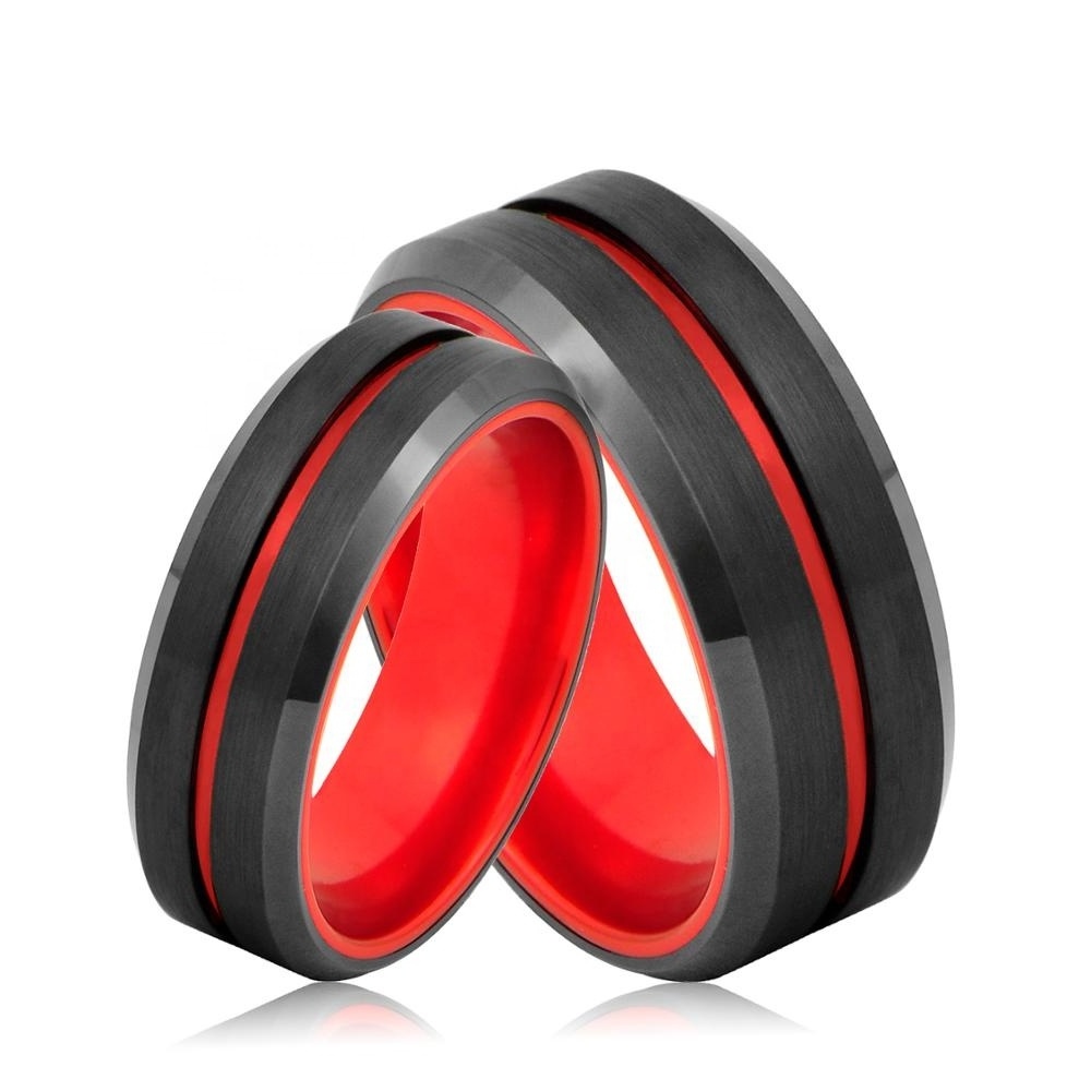 Center Groove Red Aluminium Black Tungsten Carbide Wedding Rings for Men Women