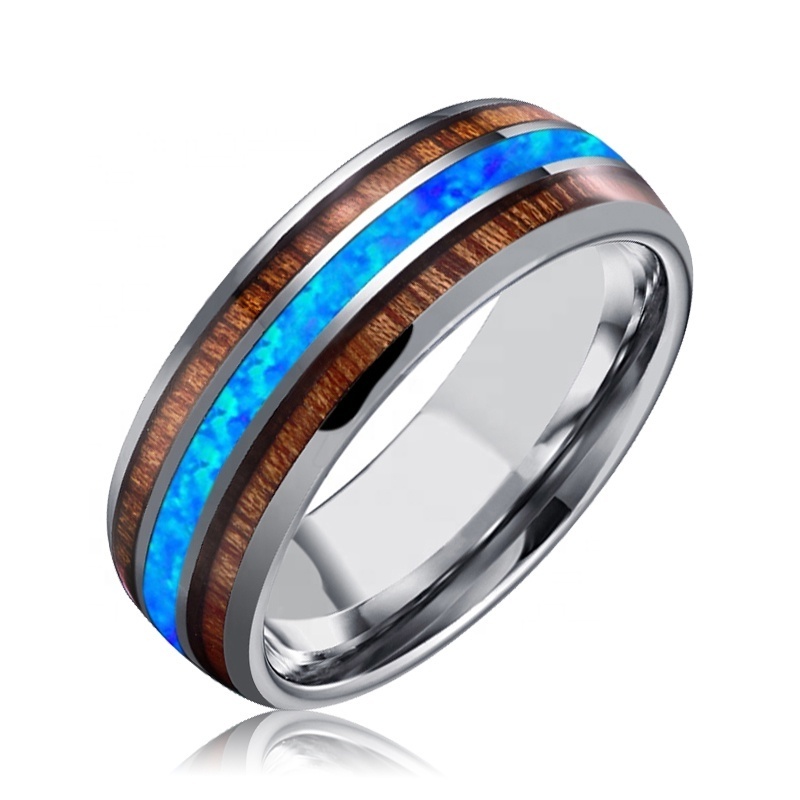 Custom Domed Double KOA Wood and Real Blue Opal Tungsten Wedding Ring Men Jewelry