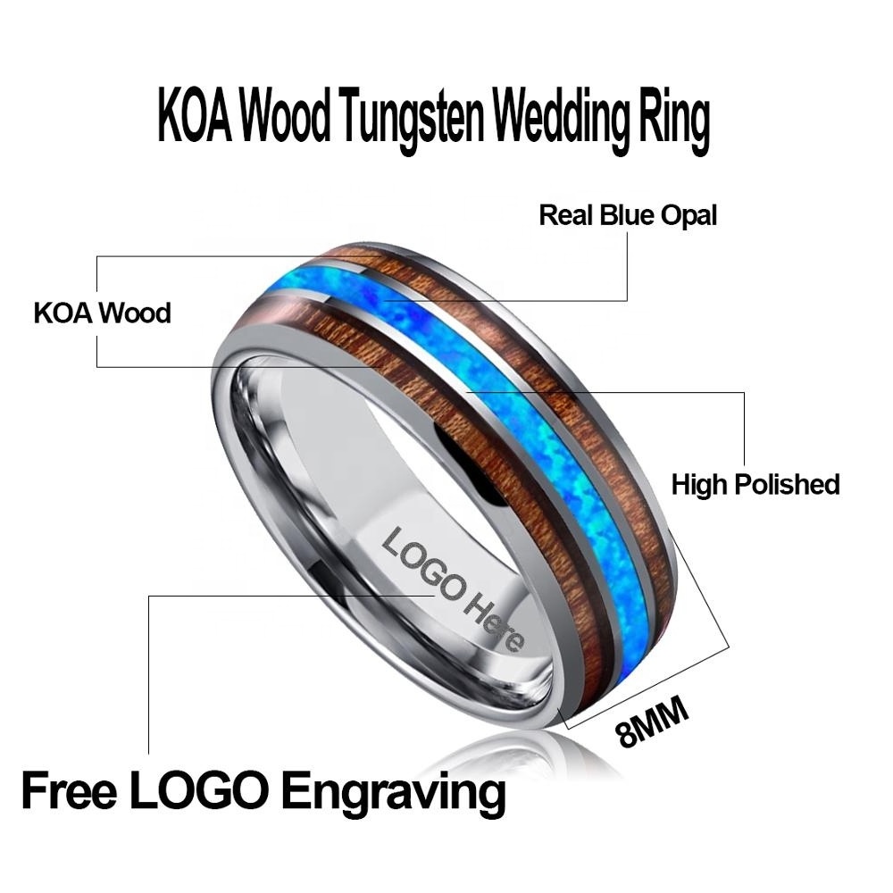 Custom Domed Double KOA Wood and Real Blue Opal Tungsten Wedding Ring Men Jewelry