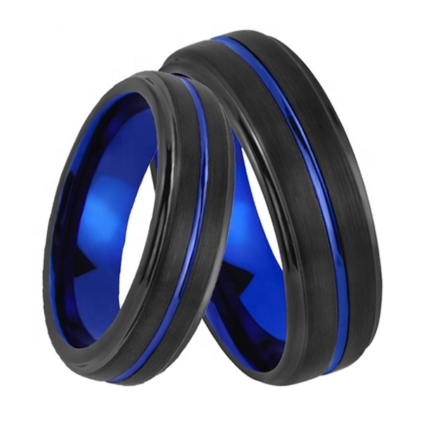 Blue Black Fashion Ring with Ridged Edged Thin Line Tungsten Carbide Material