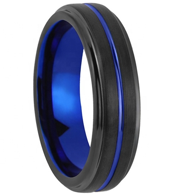 Blue Black Fashion Ring with Ridged Edged Thin Line Tungsten Carbide Material