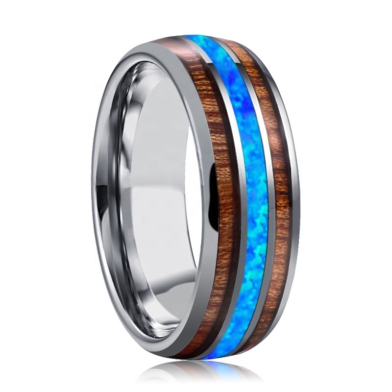 Custom Domed Double KOA Wood and Real Blue Opal Tungsten Wedding Ring Men Jewelry