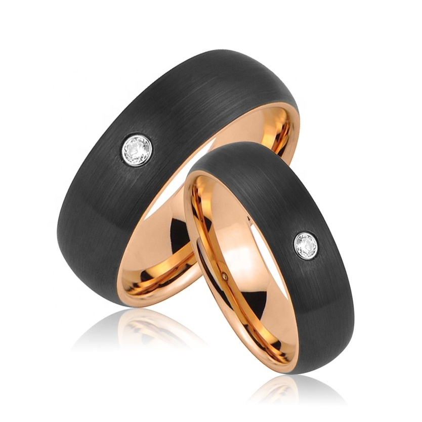 Black Brushed Domed Rose Gold AAA CZ STONE DIAMOND Tungsten Engagement Wedding Rings