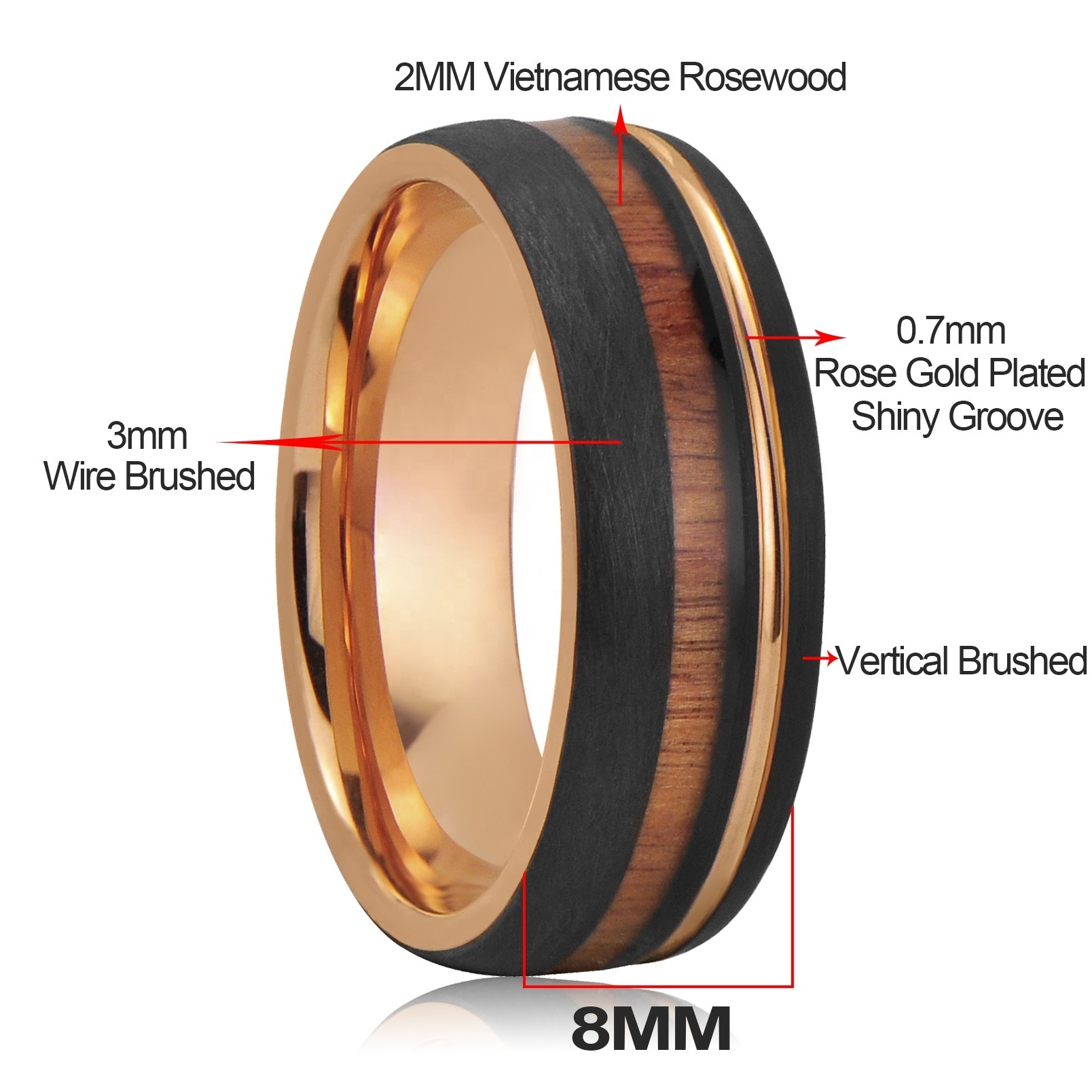 Fashion Ring Jewelry Hawaiian KOA Wood Resin Black Tungsten Ring Rose Gold Wedding Ring