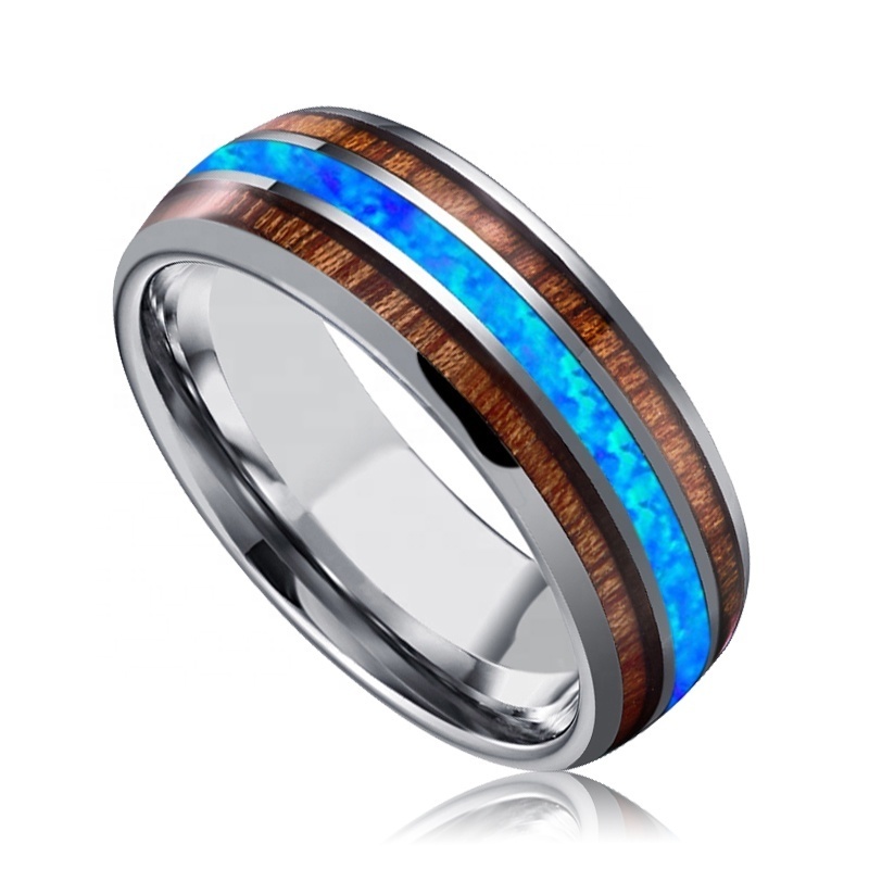 Custom Domed Double KOA Wood and Real Blue Opal Tungsten Wedding Ring Men Jewelry