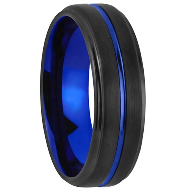 Blue Black Fashion Ring with Ridged Edged Thin Line Tungsten Carbide Material