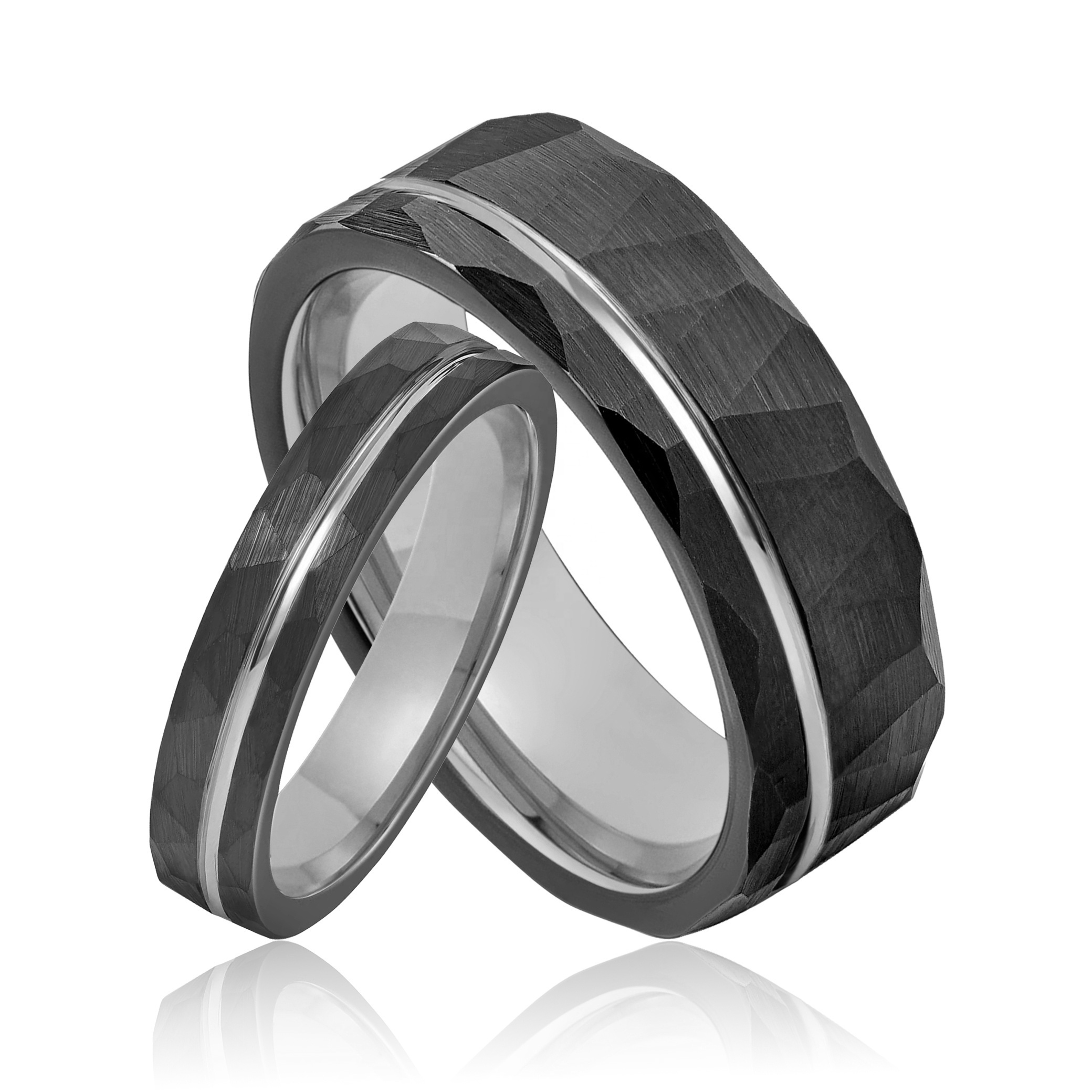 Hammered Black Tungsten Ring Rose Gold Strip Wedding Band