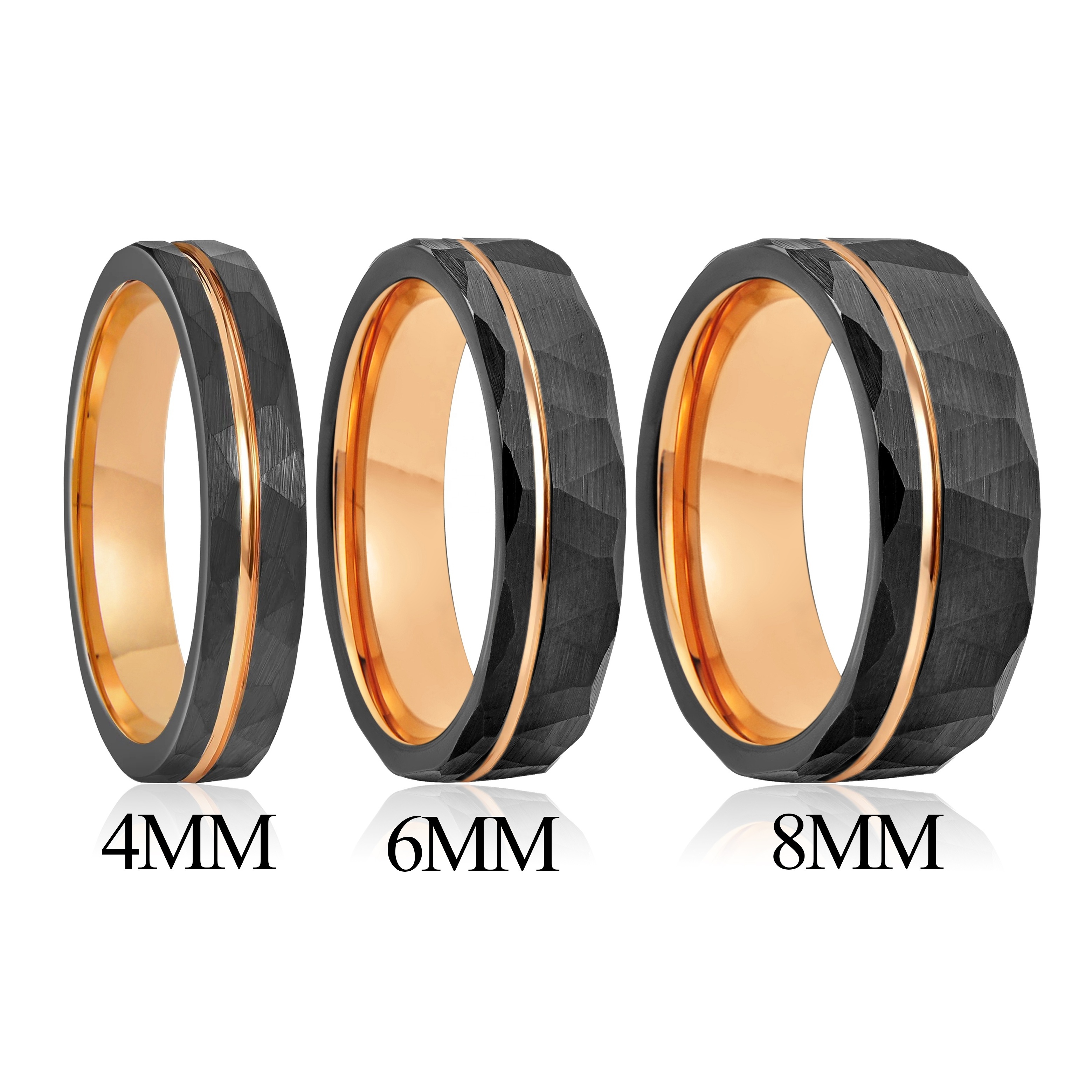 Hammered Black Tungsten Ring Rose Gold Strip Wedding Band