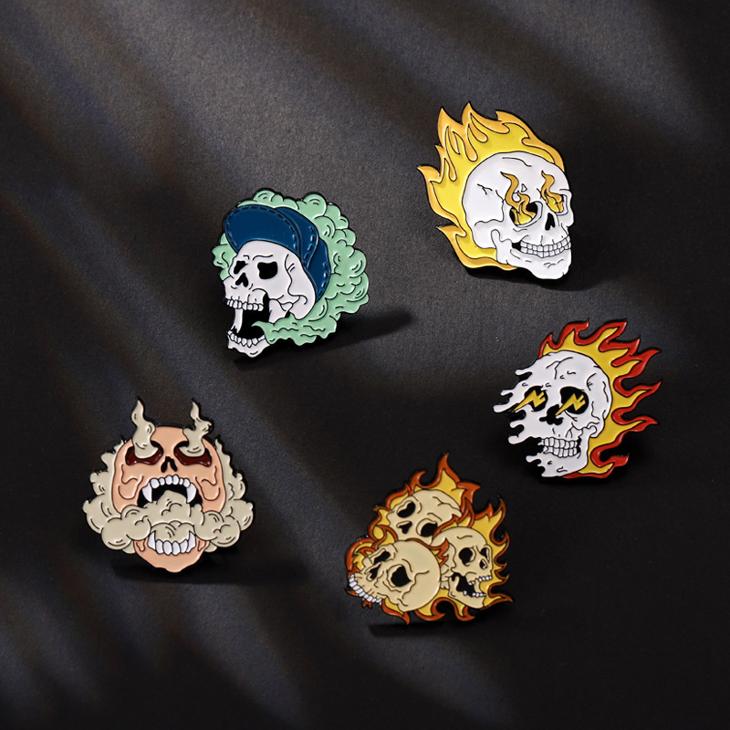 5 styles cool emojis enamel pins custom skeleton fire brooches lapel badges Gothic punk skulls jewelry gift for friends