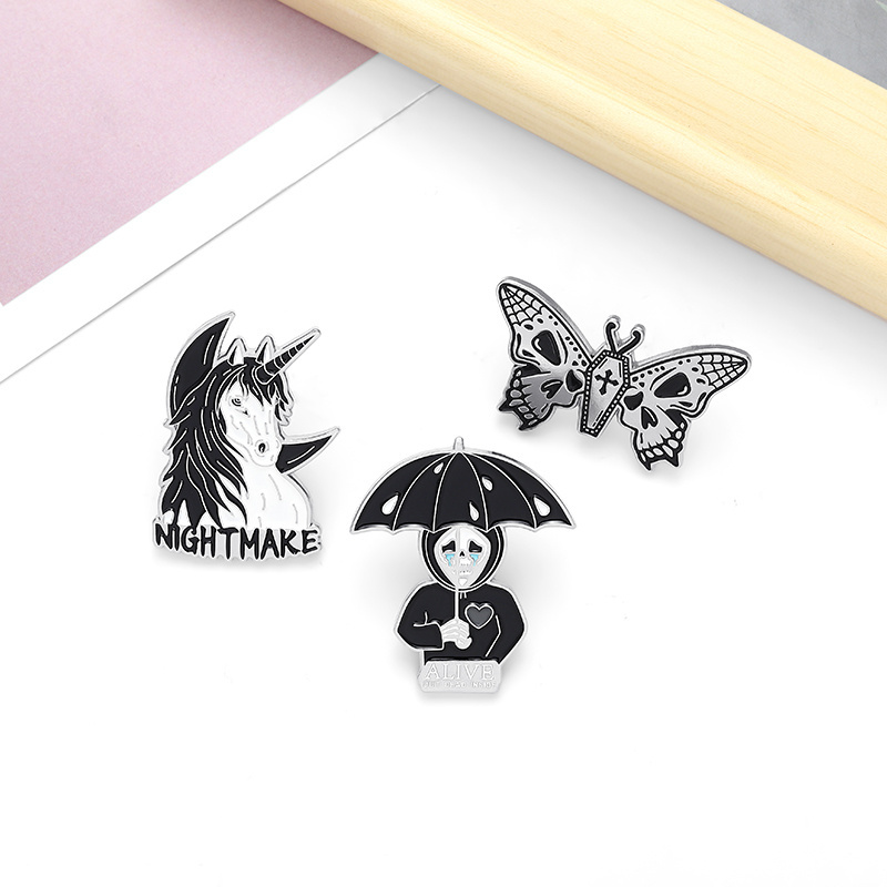 Nightmare Enamel Pin Custom Horse Umbrella Skeleton Butterfly Brooch Bag Clothes Lapel Pin Gothic Badge Pins