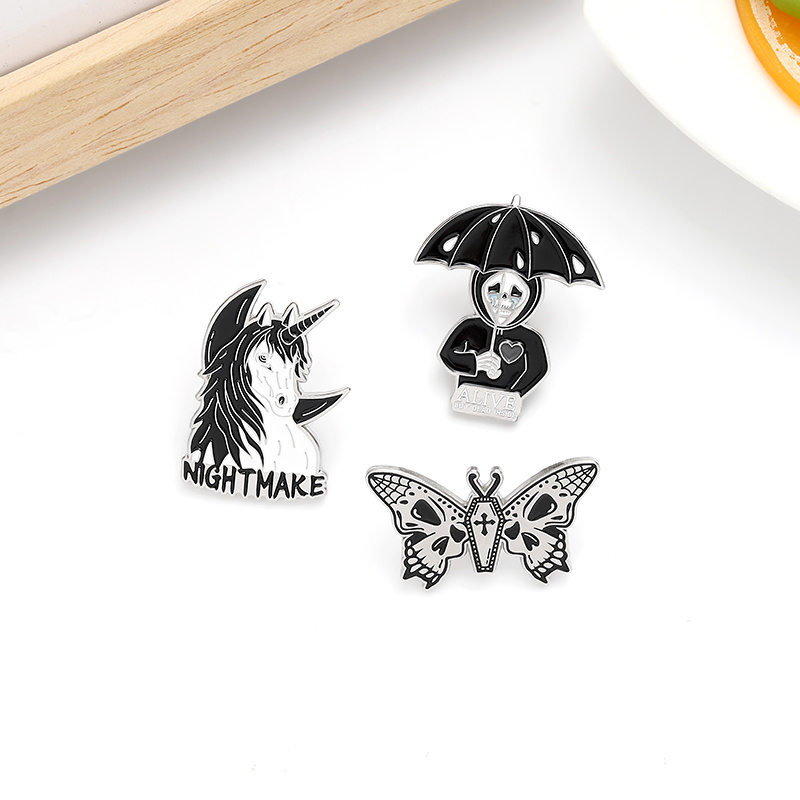 Nightmare Enamel Pin Custom Horse Umbrella Skeleton Butterfly Brooch Bag Clothes Lapel Pin Gothic Badge Pins