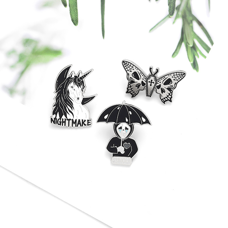 Nightmare Enamel Pin Custom Horse Umbrella Skeleton Butterfly Brooch Bag Clothes Lapel Pin Gothic Badge Pins