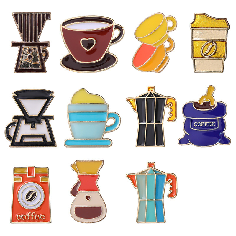 22 Styles coffee brooches custom design mini coffee beans pot metal soft enamel pin lapel badges