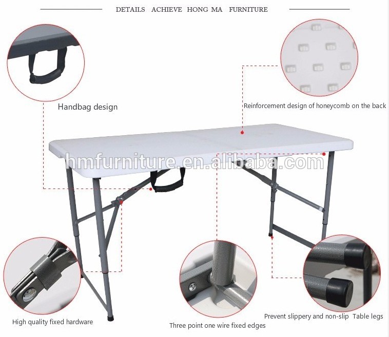 4FT Wholesale cheap rental hotel restaurant dining catering white HDPE plastic retangular plastic folding table for wedding