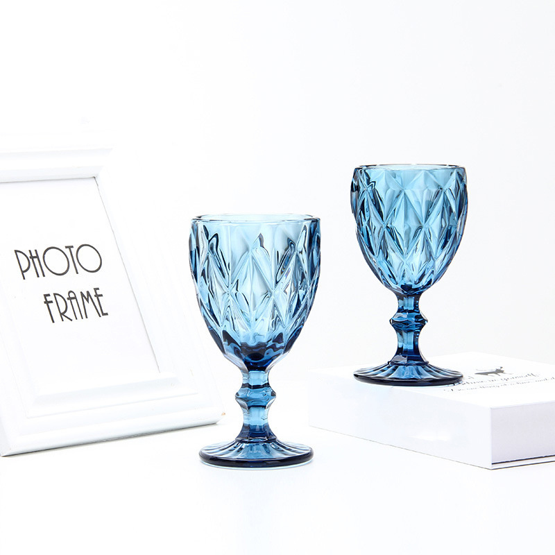 Engrave machine pressed custom colored blue green amber wine glasses