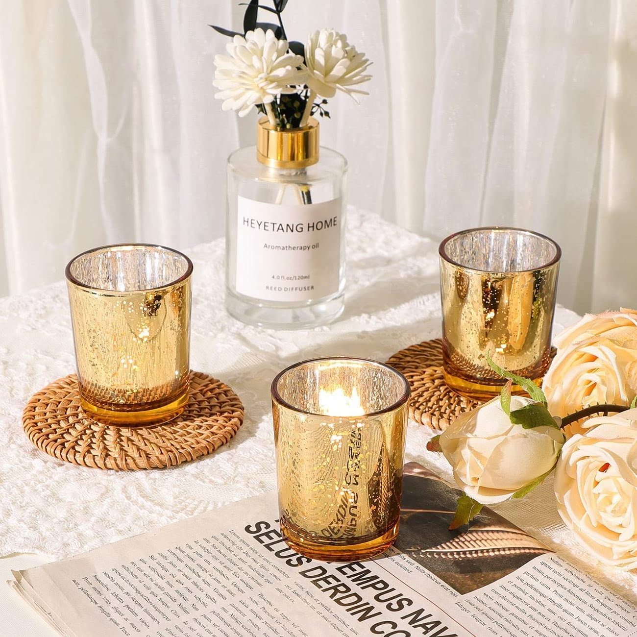 Gold Mercury Glass Tealight Votive Candle Holders Wedding Centerpieces for Table Decorations