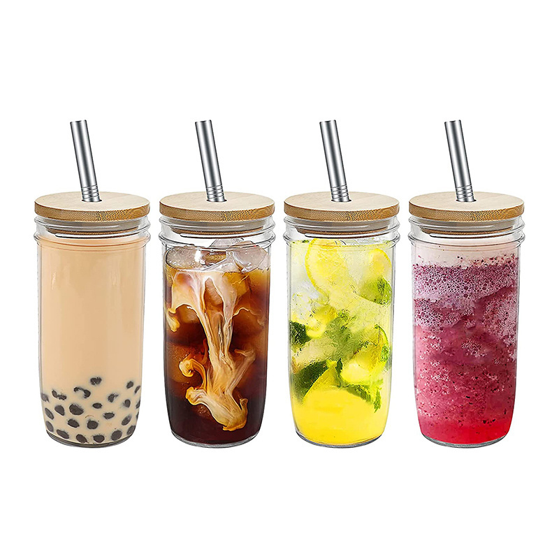 20 oz Reusable Wide Mouth Glass Smoothie Iced Coffee Mason Jar Boba Cups with Bamboo Lid and Straws for Party Travel