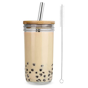 20 oz Reusable Wide Mouth Glass Smoothie Iced Coffee Mason Jar Boba Cups with Bamboo Lid and Straws for Party Travel