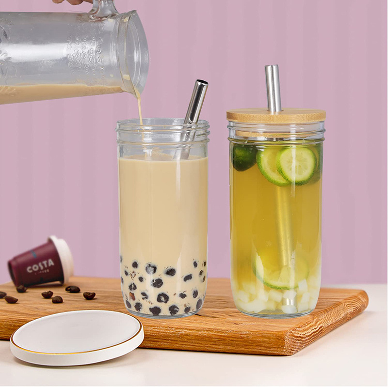 20 oz Reusable Wide Mouth Glass Smoothie Iced Coffee Mason Jar Boba Cups with Bamboo Lid and Straws for Party Travel