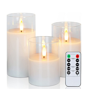 Pure White Wax Clear Glass Flameless Candles Battery Operated LED Pillar Candles with Timer Remote Control