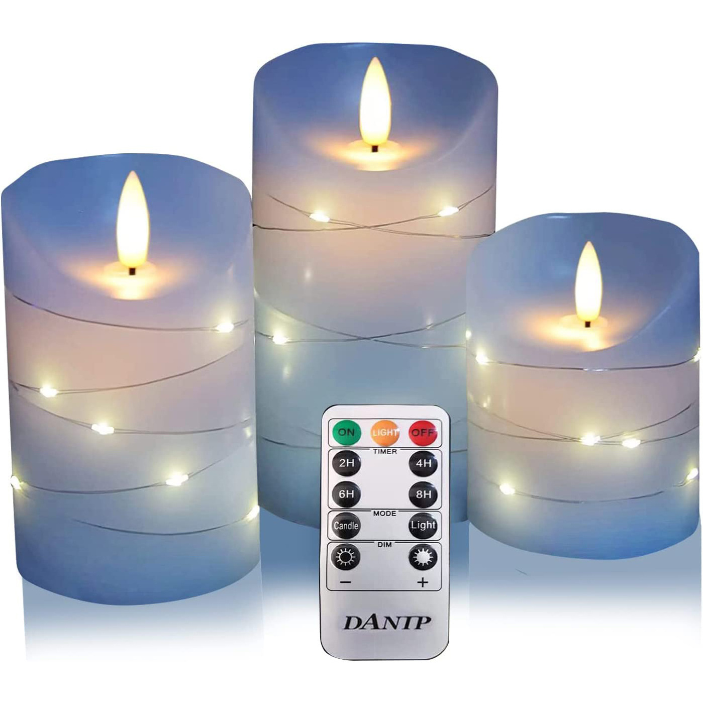 Sky Blue Dancing Flame True Wax Battery Powered LED Flameless Candle with Embedded Starlight String 24 Hour Timer