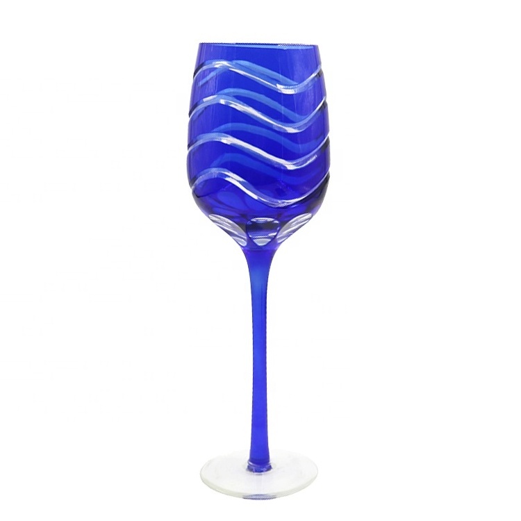 Best selling handmade colored elegant engraved goblet big blue brown wine glass cup