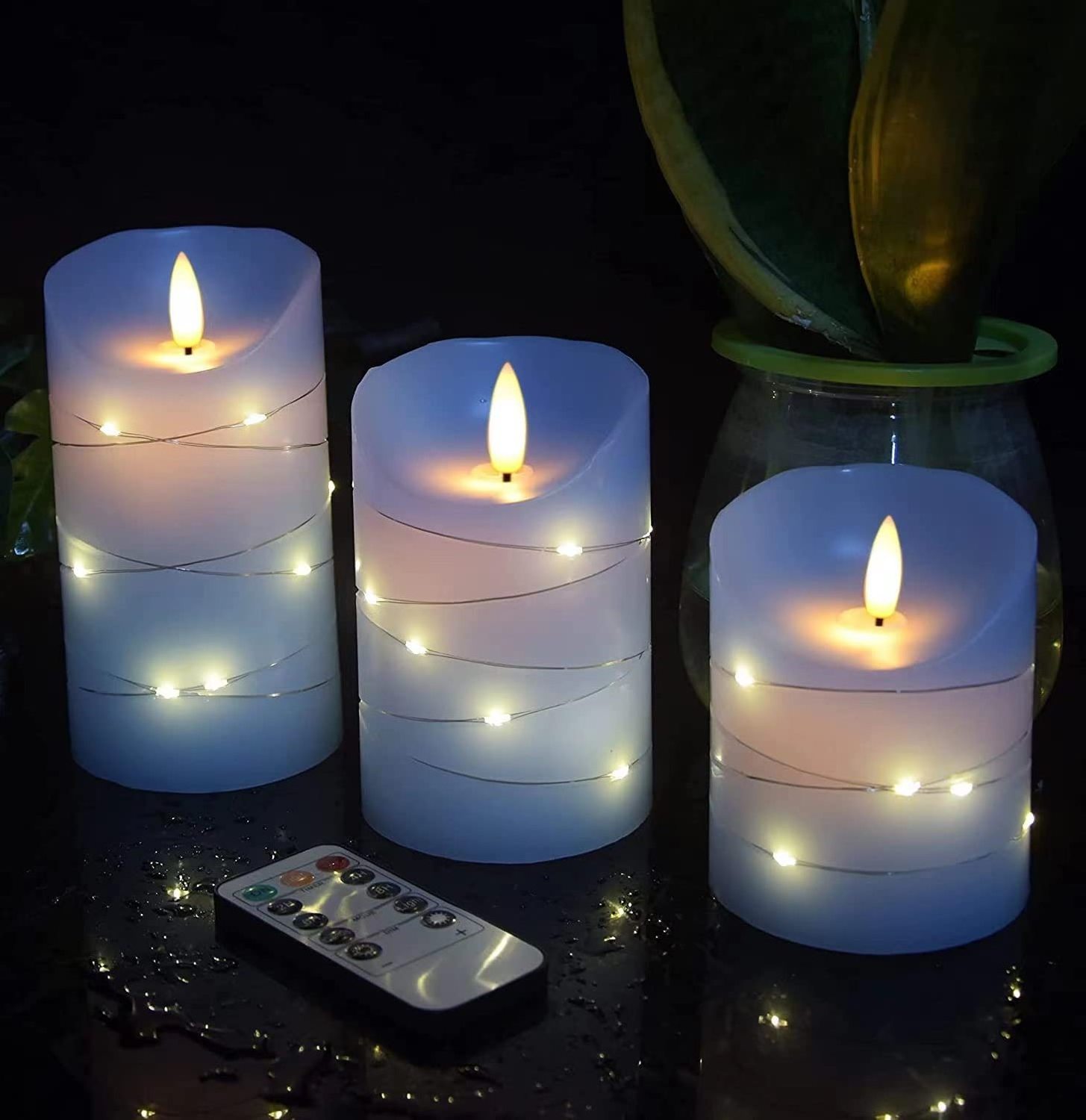 Sky Blue Dancing Flame True Wax Battery Powered LED Flameless Candle with Embedded Starlight String 24 Hour Timer