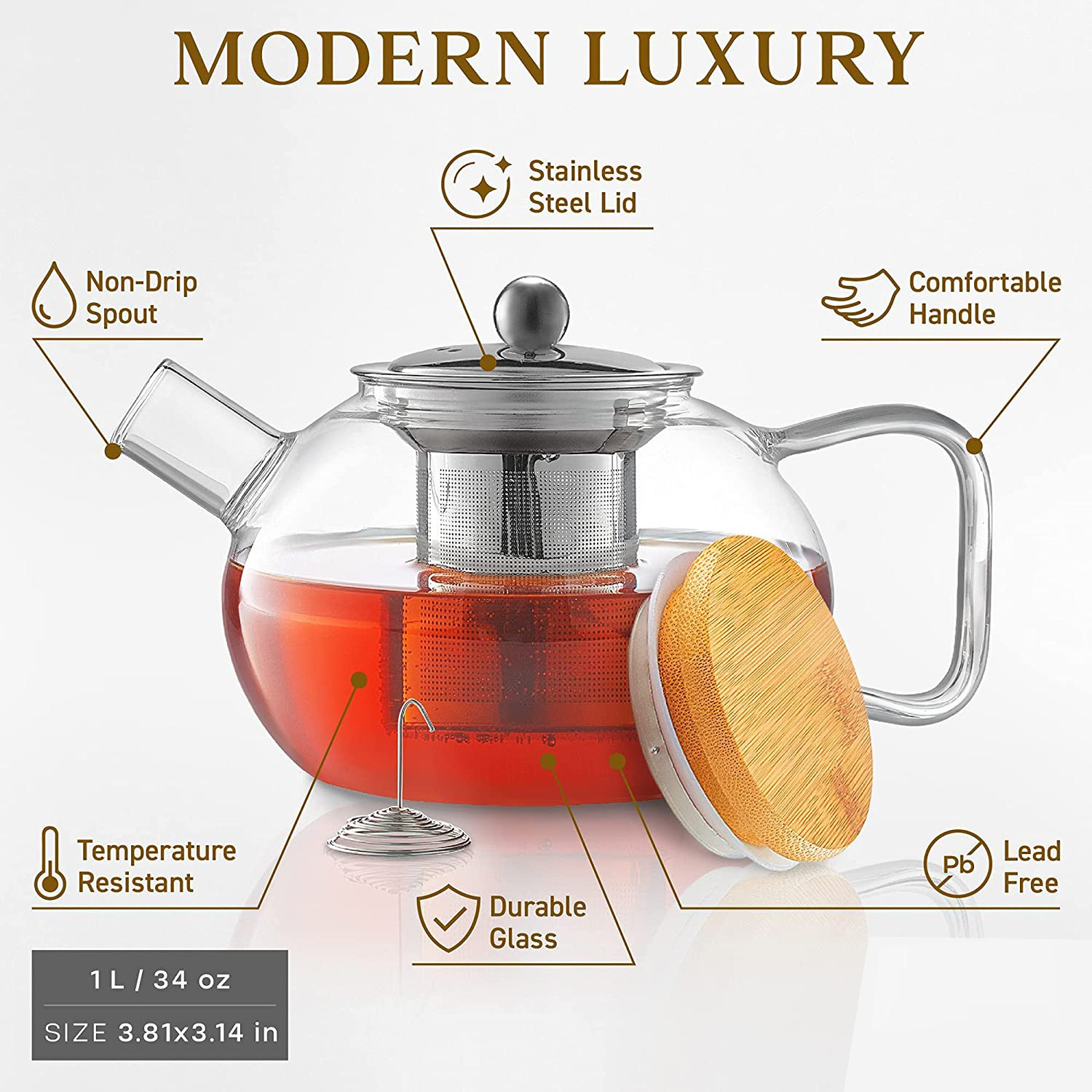 40oz Tea Kettle and tea pot Maker Glass Teapot with Removable Loose Tea Infuser Stovetop Safe Glass teapot