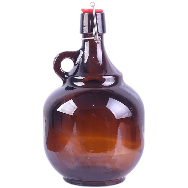 Factory Supplier 2L Amber Empty California Style Beer Growler Glass Wine Bottle with Swing Top and Handle