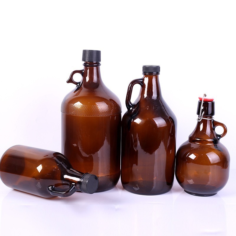 Factory Supplier 2L Amber Empty California Style Beer Growler Glass Wine Bottle with Swing Top and Handle