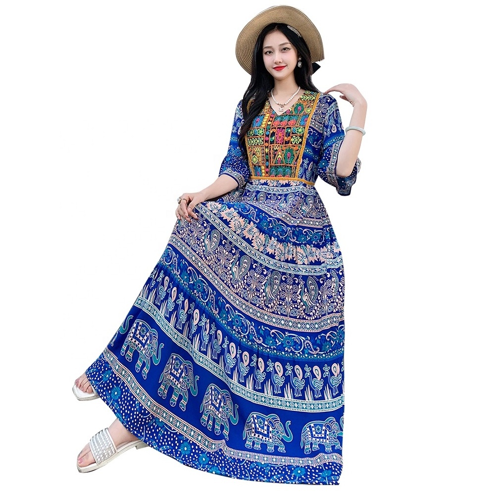 Wholesale Women Fashionable Long Bohemia Retro Style Flower Printed Style Beach Dress Women Vacation Dress Thailand Ethnic style