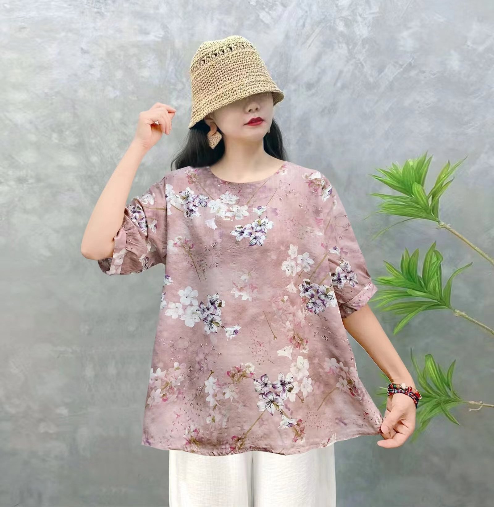 Spot wholesale Southeast Asian style cotton linen top short sleeve T-shirt printed round neck summer casual women's wear