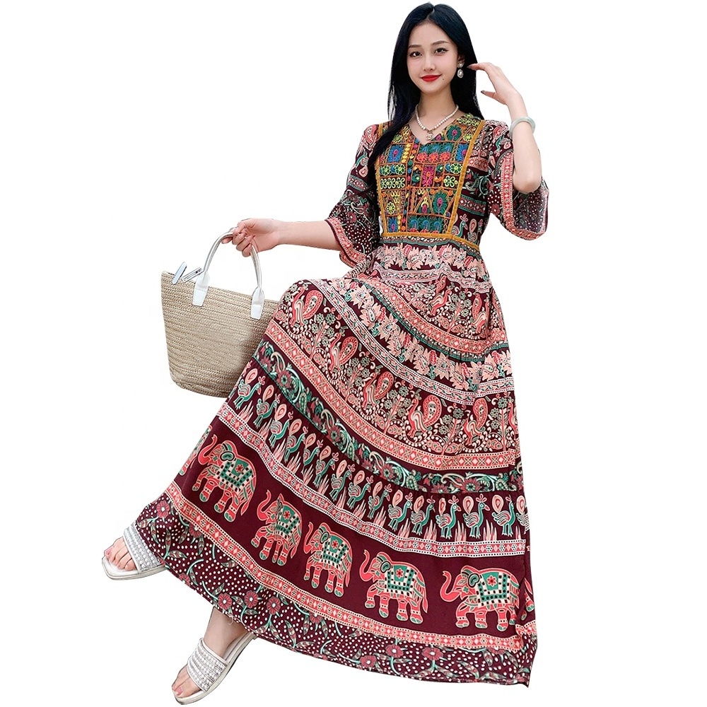 Wholesale Women Fashionable Long Bohemia Retro Style Flower Printed Style Beach Dress Women Vacation Dress Thailand Ethnic style