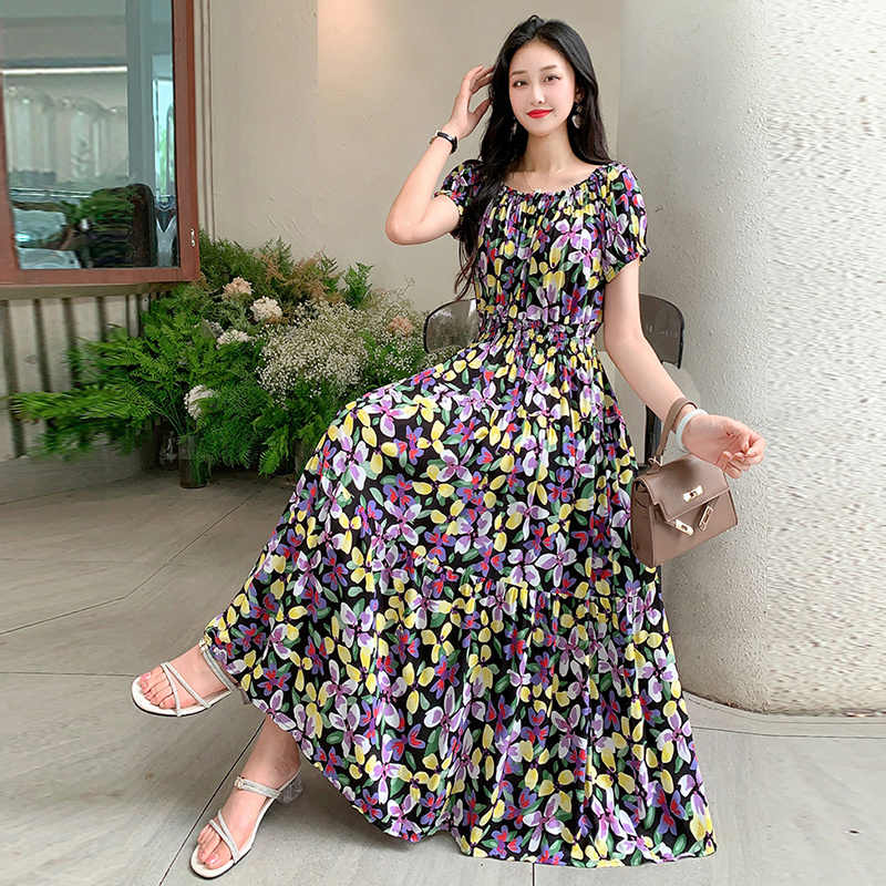 In stock Southeast Asian ethnic style Thai style cotton silk floral dress Bohemia women's summer short sleeve print