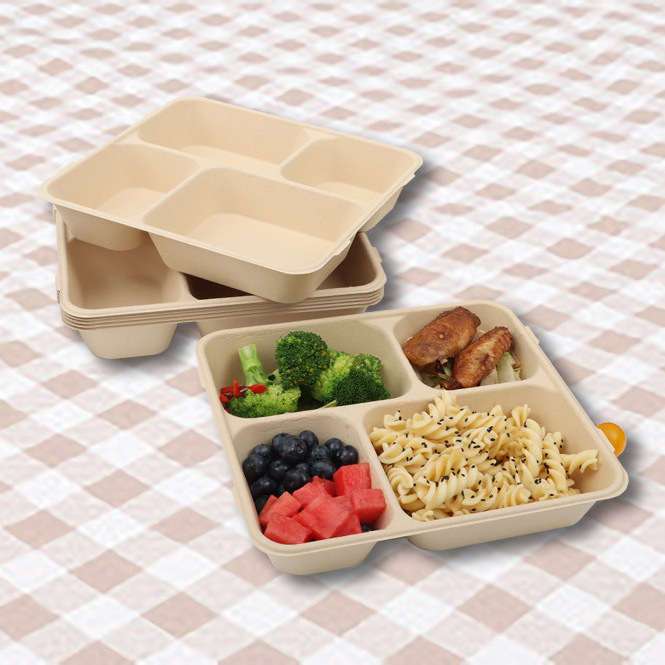 Custom Design Leakproof 4/5 Compartment Disposable lunch Tray With Lid Biodegradable Food Tray